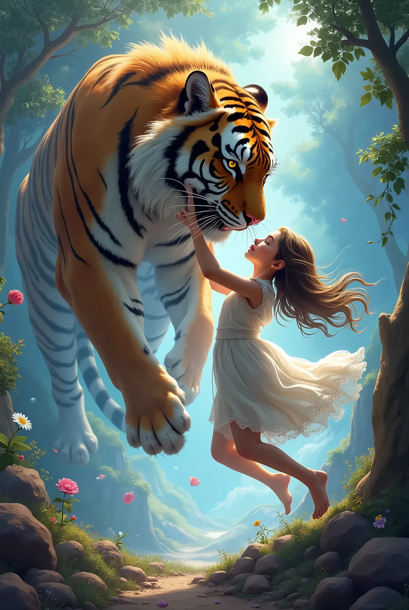 (masterpiece, top-quality, Official art:1.2)Look at view, tiger and girl, Tiger painting, A flash of light runs, Colorful water levitation(2D:1.5),
