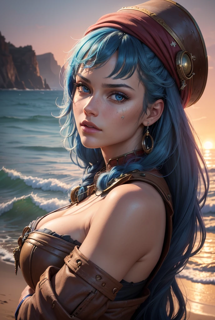 beautiful detailed face, beautiful detailed eyes, beautiful detailed lips, extremely detailed portrait, 1girl, pirate girl, blue hair, red and black pirate clothes, pirate hat, treasure chest, treasure island, ocean waves, sunset sky, dramatic lighting, cinematic, epic, fantasy, highly detailed, intricate details, vibrant colors, photorealistic, 8k, (best quality, 4k, 8k, highres, masterpiece:1.2), ultra-detailed, (realistic, photorealistic, photo-realistic:1.37), HDR, UHD, studio lighting, ultra-fine painting, sharp focus, physically-based rendering, extreme detail description, professional, vivid colors, bokeh