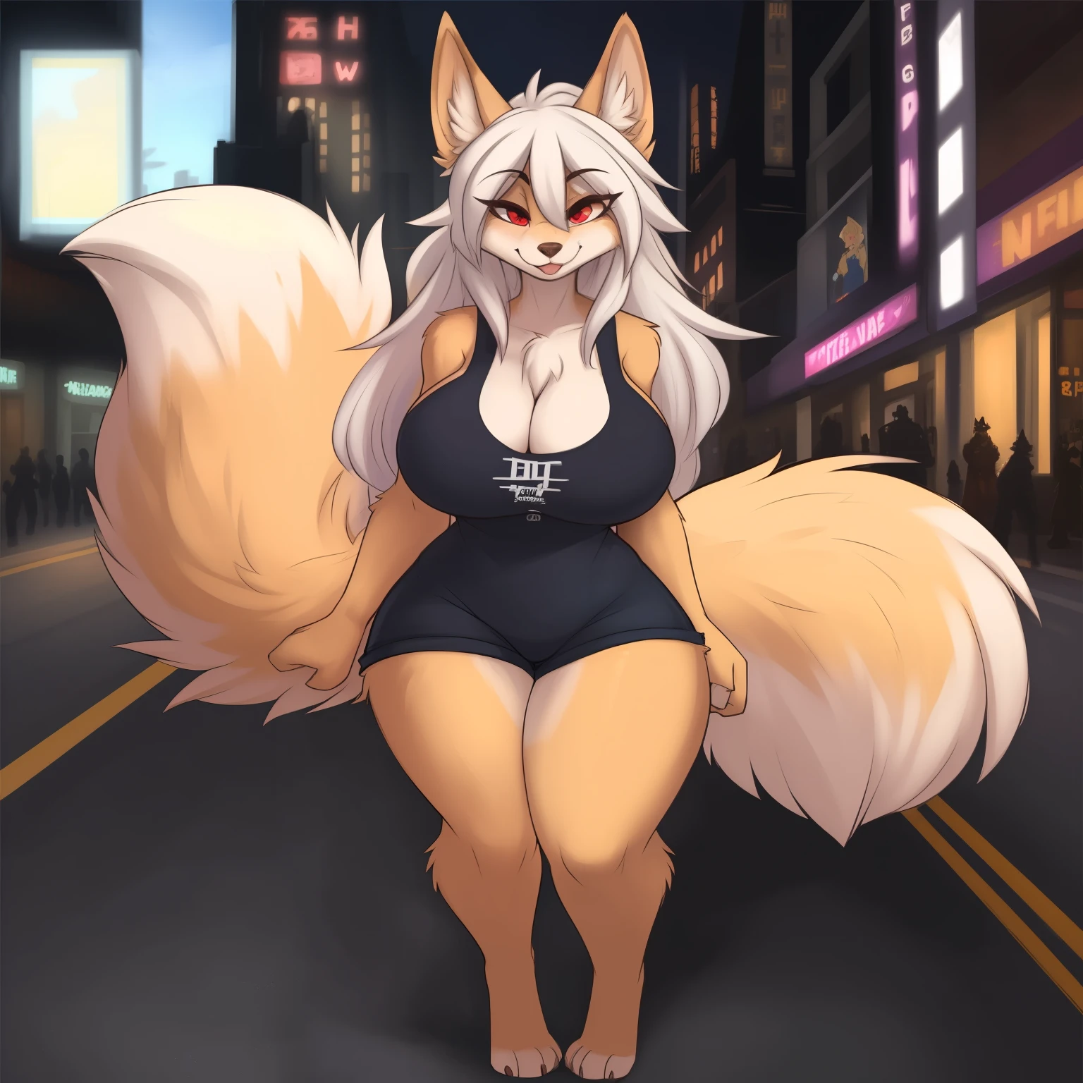 Cat girl with long white hair, red body, pink nipples, huge breasts, pink nipples. In the dark night of the mall when it was closed.
