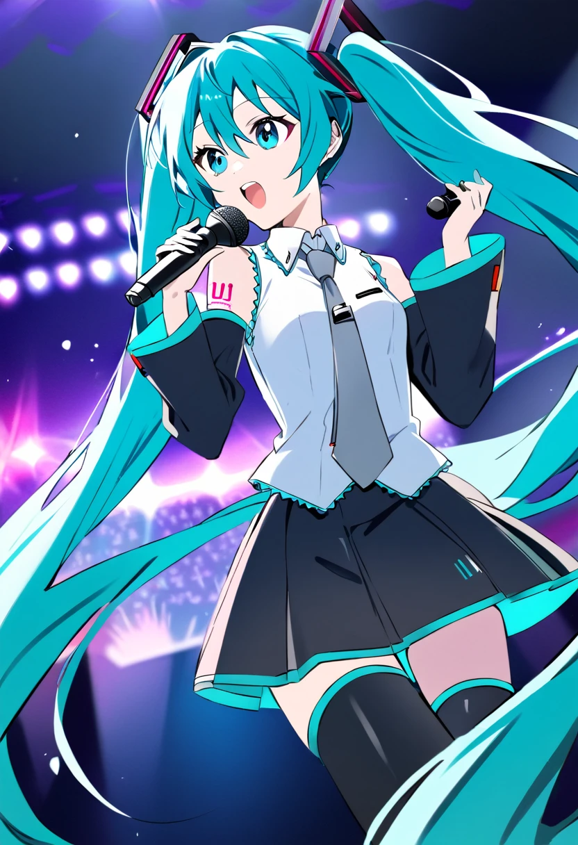 girl, blue eyes, Hatsune Miku, sleeveless, white collared blouse with teal trims, Tie is teal with a grey tie clip, red '01' tattoo on left shoulder, dark grey detached sleeves with a teal trim, long turquoise twin tails, black long boots, holding microphone, singing, , stage background