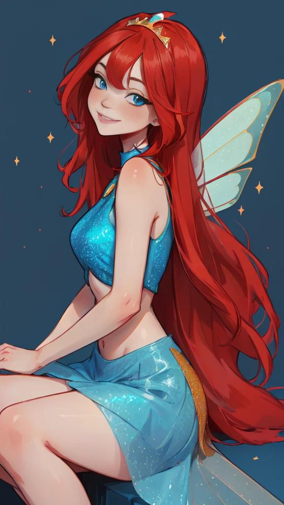 High Resolution, Masterpiece, Best Quality, Looking at viewer, warm smile, sitting relaxed, Simple background, Bloom, (red hair, blue eyes, bangs, medium long hair), (fairy outfit), (blue croptop, sleeveless, blue skirt, sparkling clothing, fairy wings, tiara)
