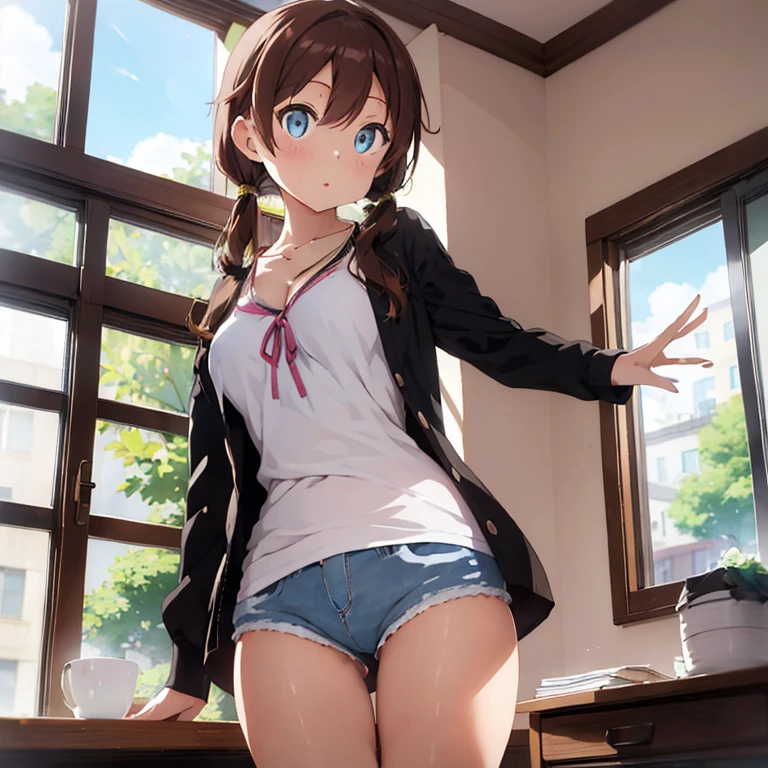 (masterpiece, best quality), 1girl, moka aoshima \(one room\), looking_at_viewer, blue_eyes, jewelry, brown_hair, necklace, low_twintails, shirt, white_shirt, jacket, long_hair, short_shorts, medium_breasts, collarbone, denim_shorts, black_jacket, denim, open_clothes, parted_lips, bangs, indoors, window, blush, long_sleeves, thighs, open_jacket, ribbon, pink_ribbon, blue_shorts, cutoffs, arm_support, huge breast, thick legs, thick ass, ass, grabbing own ass