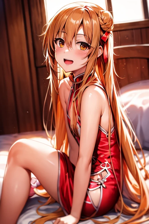 ((Best Quality)), ((masterpiece)), (be familiar with), Perfect Face, indoor, bedroom, Watching the audience,
One woman, Yuuki Asuna,
Open Mouth, Ecstatic expression, blush, smile,
Small breasts, Flat Chest, , , child, Girl,
Long Hair, Long Hair,
Leg spread,