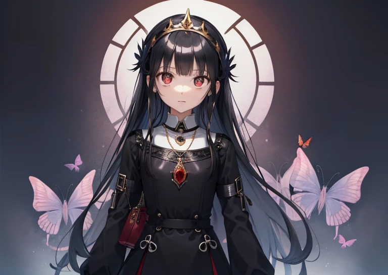 expressionless,,(Dark Fantasy),((wonderful illustration)),(Detailspritzer), long black hair, Red pupils, girl, pure black dress, only the collar, Cuffs and skirt are dark red, Ears A red butterfly clip is attached to the side, masterpiece, best quality, high quality, headpiece,, Red and black crystal necklace, black knee socks