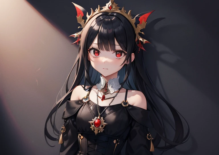 expressionless,,(Dark Fantasy),((wonderful illustration)),(Detailspritzer), long black hair, Red pupils, girl, pure black dress, only the collar, Cuffs and skirt are dark red, Ears A red butterfly clip is attached to the side, masterpiece, best quality, high quality, headpiece,, Red and black crystal necklace, black knee socks