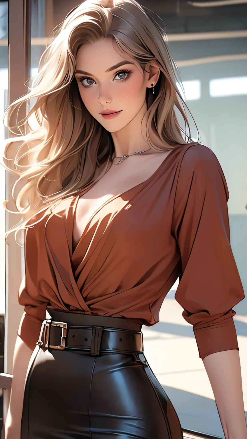 a close up of a woman in a skirt and a shirt, leather, middle shot waist up, leather top, pencil skirt, her hand is on her waist, business outfit, waist - shot, very sexy outfit, sexy outfit, leather pants with a belt, leather belt, well - detailed outfit, brown clothes, wearing a brown, wearing an elegant outfit, Woman, Americana, Age 30, pale skin and freckles, gray eyes, delicate nose, soft and delicate lips, far away, blondie far away and wavy waist length hair, sweet smile, face with delicate feminine facial features, highly rendered, pose dinamica, modelshoot