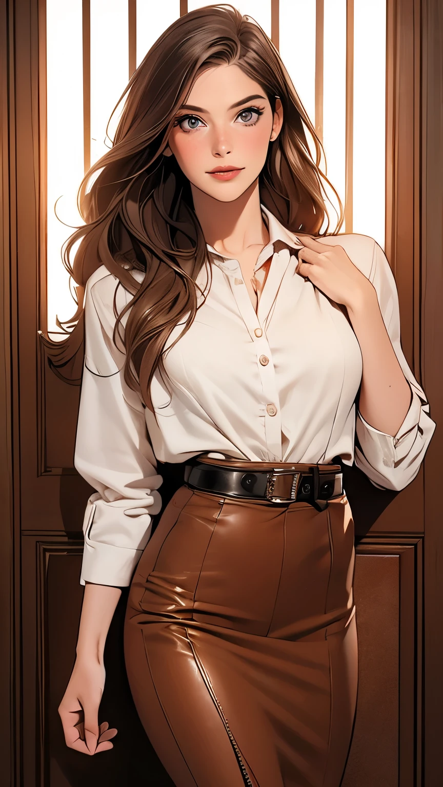 a close up of a woman in a skirt and a shirt, leather, middle shot waist up, leather top, pencil skirt, her hand is on her waist, business outfit, waist - shot, very sexy outfit, sexy outfit, leather pants with a belt, leather belt, well - detailed outfit, brown clothes, wearing a brown, wearing an elegant outfit, Woman, Americana, Age 30, pale skin and freckles, gray eyes, delicate nose, soft and delicate lips, far away, blondie far away and wavy waist length hair, sweet smile, face with delicate feminine facial features, highly rendered, pose dinamica, modelshoot