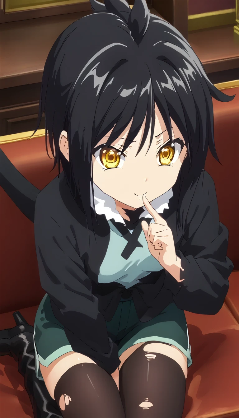 score_9, score_8_up, score_7_up, maomao,  anime girl with black hair, race tiren, long thin tail with a sharp tip like an arrow, dressed in a top, dressed in tight shorts, torn stockings above the knee, massive boots, cute smiling face, sits on the couch sideways to us, looks at us with a finger to her lips, small voluminous breasts and expressive waist