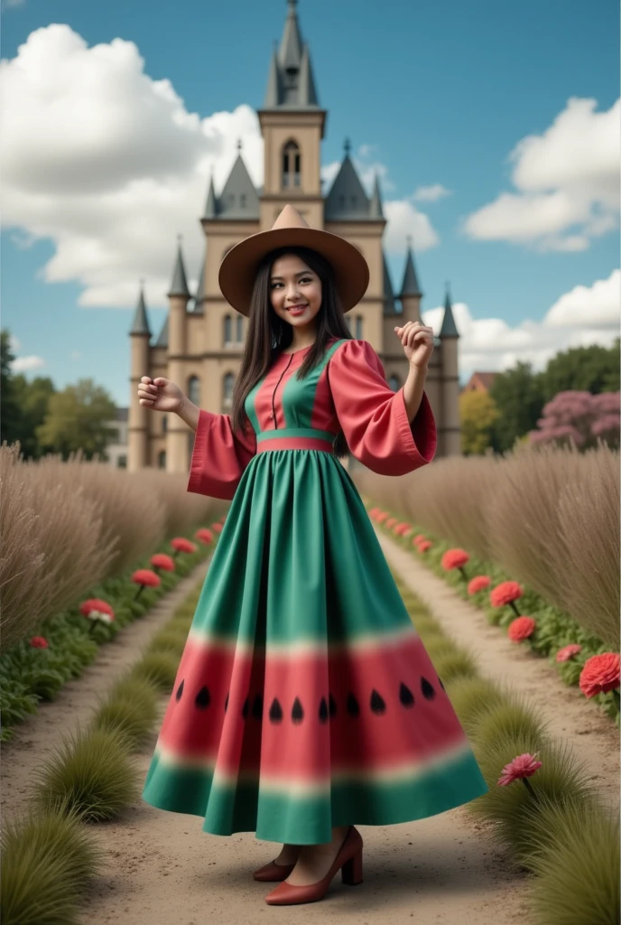 masterpiece photo of a dark-haired full-length sorceress with green eyes dressed in a magical watermelon robe actively says something while gesticulating, a cheerful facial expression, blush, unusual pose, against the background of college of magic, a rich blue sky with clouds, a lot of vegetation, bright colors, intricate bizarre color combinations