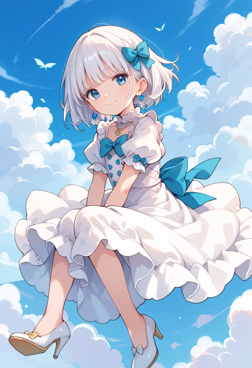 1girl, puffy white hair, short hair, puffy bangs, cloud earrings, sitting on a cloud in the sky, puffy white dress, white heels with bows, puffy sleeves, cloud necklace, blue eyes, smiling happily, 