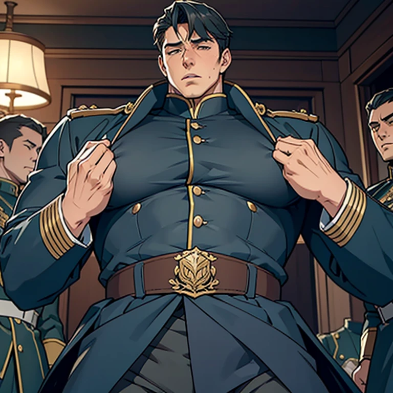 ((A handsome male general stands in a luxurious, dimly lit room. He is dressed in a military uniform that accentuates his muscular build and confidence. The uniform jacket is unbuttoned, revealing a huge manly breast which are being grabbed by a stranger)), NSFW, porn, hentai, ((His expression is intense and commanding:0.2)),  ((man with huge squishy manly breasts)), (((someone is fondling his huge manly breasts:0.3))), ((his uniform is so tight it cant hold his huge breasts back)), ((the general drank an aphrodisiac and now feels horny)),  ((gangbang sexual assault)), ((someone aggressively grabs the male general’s huge manbreasts:0.3)), ((fondling breasts)), ((yaoi:0.2)), ((“you like that dont you?”)), ((knight general setting)), ((his pants are pulled down:0.2)),