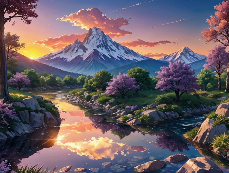 A majestic mountain landscape at dusk, where the sky melts into a mosaic of purple and gold hues. Mountains seem to float slightly above the ground, with rivers of crystal-clear, gravity-defying water spiraling skyward. Bright green trees with translucent leaves seem made of glass, reflecting the light of the sunset, creating a mystical yet strangely realistic atmosphere.