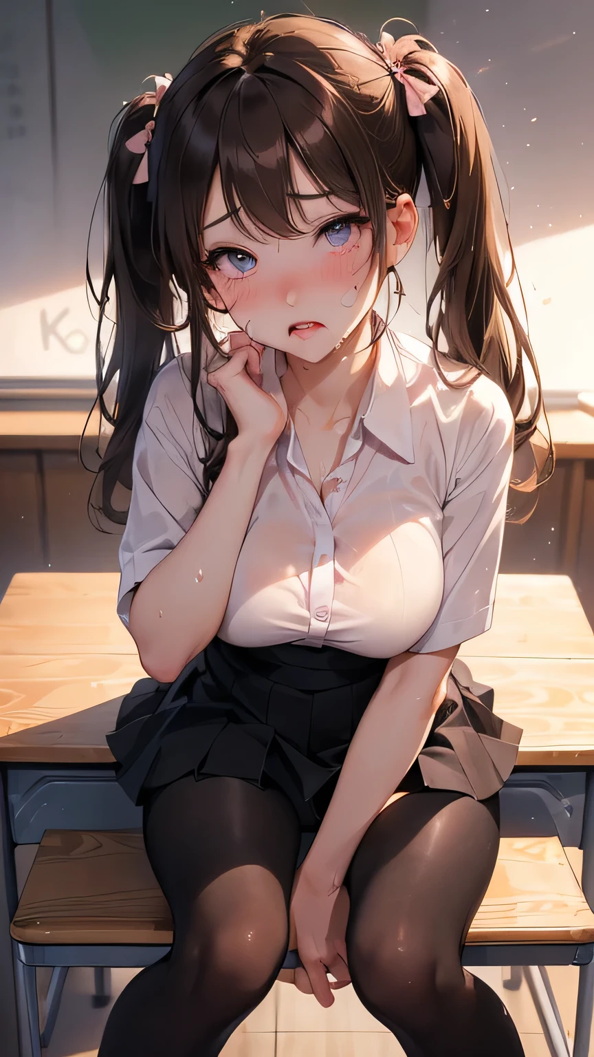 ultra-detailed、(8k, RAW photo, best quality, masterpiece:1.2), (extremely detailed 8k wallpaper),professional lighting,sharp focus, depth of field,((Baby Face、Big Breasts、high school girl)),((Late Night Classroom)),(((uniform、Black tights))),(()),((())),(((Brown hair twin tails))、(((Beautiful Eyes、half closed eye))),((((painful、blush、orgasm、sexy))))、((Sit at a desk、Beautiful legs、Toes)),(((Tilt your face、Invite)))、(((Heavy sweating)))、((Dynamic Range))