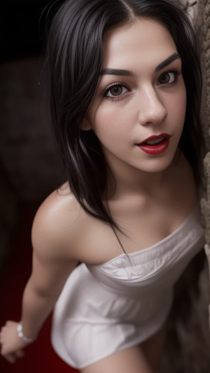 , Black hair, Pretty eyes, Voluminous hairstyle, 1 girl, Young, Pretty finger, Pretty long legs, Pretty body, Pretty nose, Pretty character design, Perfect eyes, Perfect face, Expressive eyes, Looking at viewer, In the center of the picture, (upper body), (close-up), (Focus on her face), Extremely detailed Unity 8k CG wallpaper, Perfect lighting, Bright and colorful front lighting, Glowing skin, Horror art, Scary, Action shot of a scary ghost chasing the viewer, Dynamic running, In a decrepit underground tunnel in hell., (chilling), White dress, Unnerving, Eerie, ((scary:1.2)), (horror lighting), Dynamic (((action))), ((A woman standing against a completely red background, From above, Full body (masterpiece), (best_quality), Ultra_high resolution, 4k, Ultra_detailed, PHOTOGRAPHY, 8k, HDR-10, High Resolution, Absurd: 1.2, Kodak portra 400, Film grain, Blurred background, Bokeh: 1.2, Lens flare, (Vibrant color: 1.2), (Beautiful face: 1.5), CamiCam00