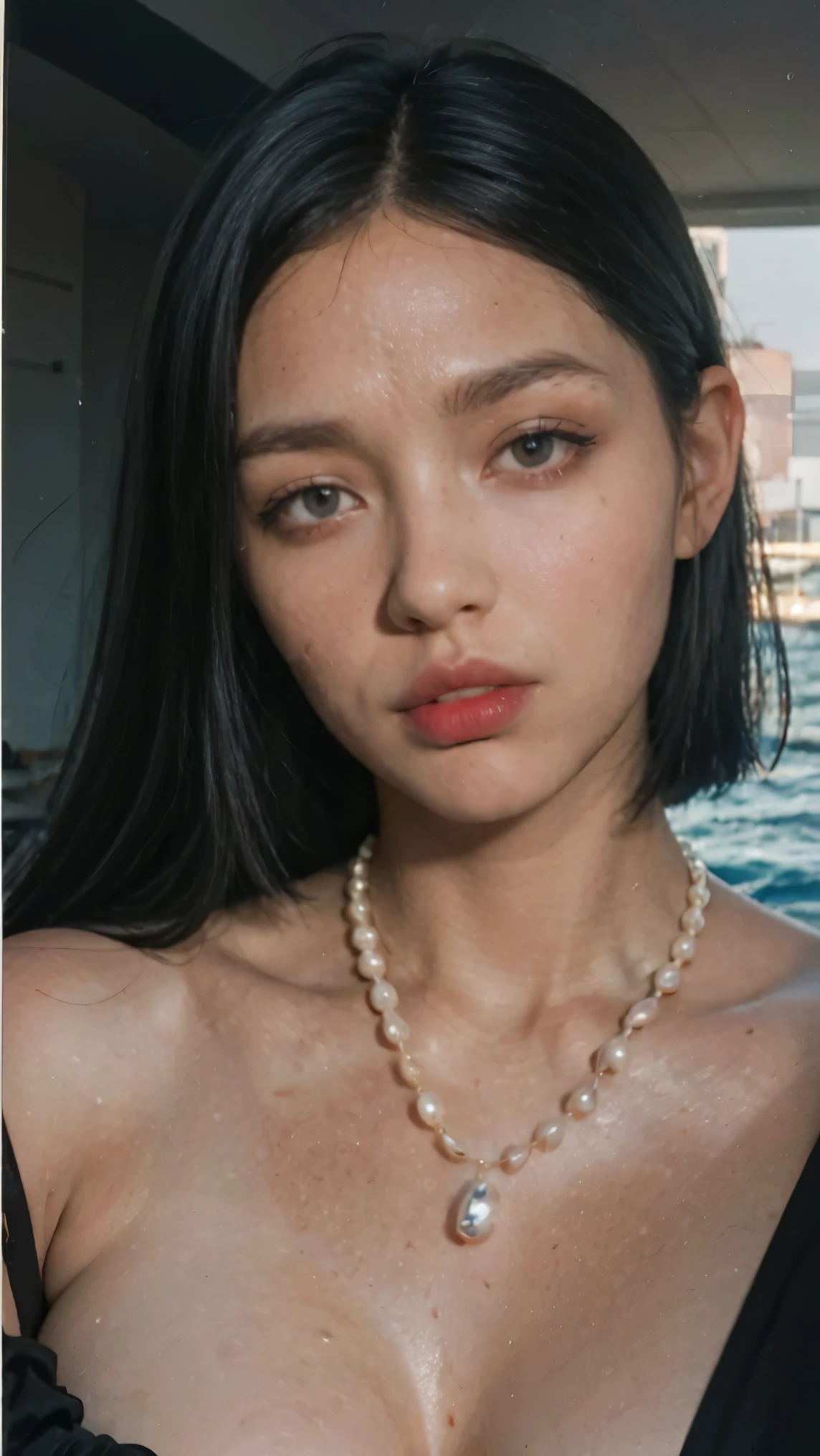 A glamorous 25yo woman with (black bob hairstlye), sparkling blue eyes, and olive skin. She stands (gotic stlye) that reaches the floor, reflecting the sunlight off the yachts. A single pearl necklace adorns her neck. The scene takes place on ((abandon house)), masterpiece, best quality, realistic, ultra detailed, head shot