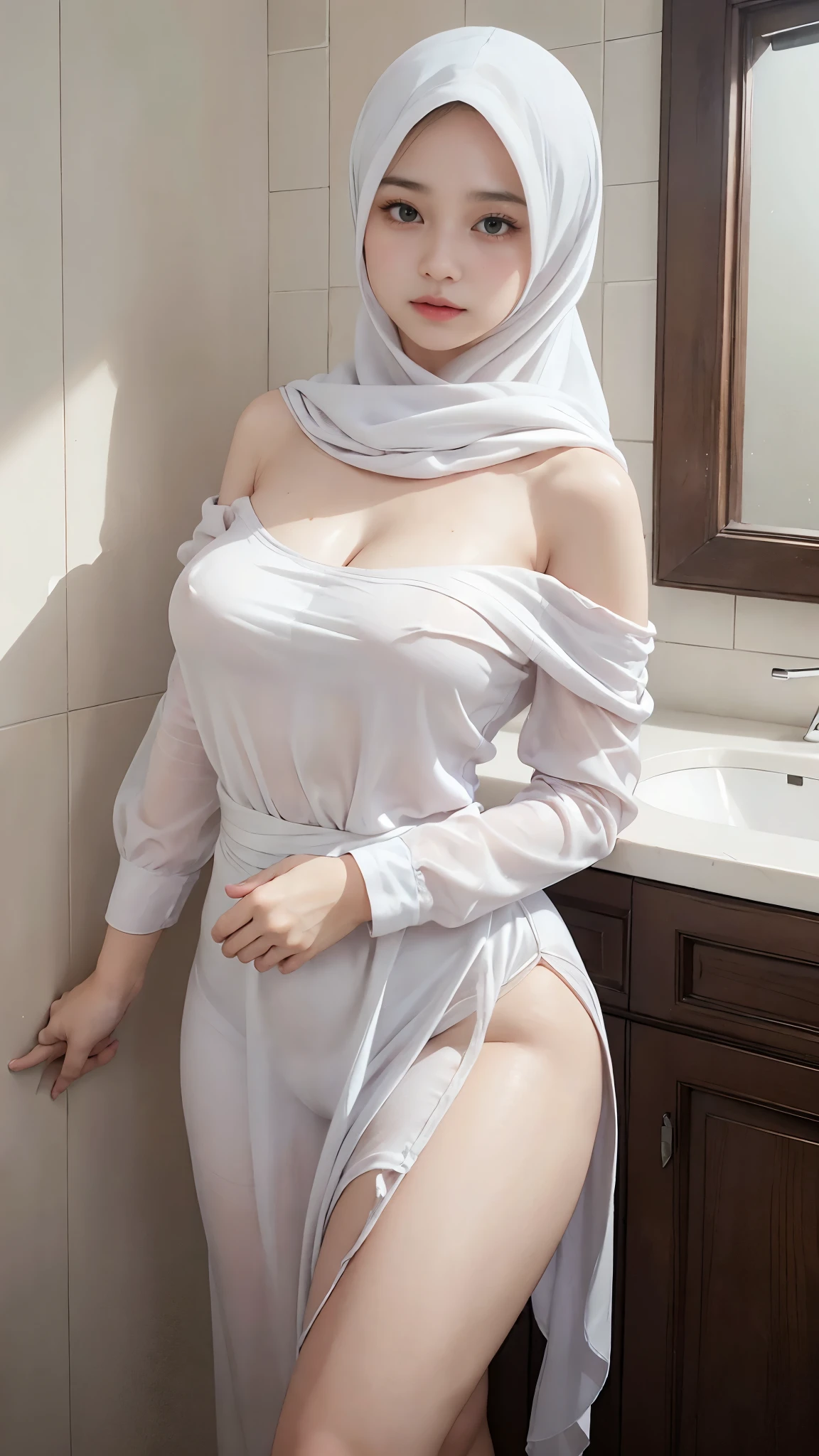 RAW, Best quality, high resolution, work: 1.3), Beautiful Indonesian girl wear hijab, indonesian hijab woman,Highly detailed CG Unity 8k wallpaper, top quality, super detailed, masterpiece, realistic, photorealistic, highly detailed cute girl, 40 years old, full body shot, potrait, bathroom detailed, saggy breast, sweaty skin, blush, parted lips, round eyes , ((erect, emerge, streak)), (( thick thighs, protruding buttock)), (the contour of the breast clearly visible ), cute face detailed, Walking in bathroom, seductive, erotic, fat arms, (( wearing off-shoulder long sleeve silk white T-shirt )), ((wearing light purple chiffon maxi dress)), erotic, soft smile, plump body, body lighting, shot from front, waist shot, the contour of lower body clearly visible, accentuate your waist, see through, transparent dress, accentuate your breast, teasing, deep cleavage, spread your legs, (chubby:1.2), (muscullar body:1.4), Plump body