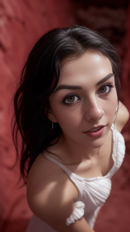 , Black hair, Pretty eyes, Voluminous hairstyle, 1 girl, Young, Pretty finger, Pretty long legs, Pretty body, Pretty nose, Pretty character design, Perfect eyes, Perfect face, Expressive eyes, Looking at viewer, In the center of the picture, (upper body), (close-up), (Focus on her face), Extremely detailed Unity 8k CG wallpaper, Perfect lighting, Bright and colorful front lighting, Glowing skin, Horror art, Scary, Action shot of a scary ghost chasing the viewer, Dynamic running, In a decrepit underground tunnel in hell., (chilling), White dress, Unnerving, Eerie, ((scary:1.2)), (horror lighting), Dynamic (((action))), ((A woman standing against a completely red background, From above, Full body (masterpiece), (best_quality), Ultra_high resolution, 4k, Ultra_detailed, PHOTOGRAPHY, 8k, HDR-10, High Resolution, Absurd: 1.2, Kodak portra 400, Film grain, Blurred background, Bokeh: 1.2, Lens flare, (Vibrant color: 1.2), (Beautiful face: 1.5), CamiCam00