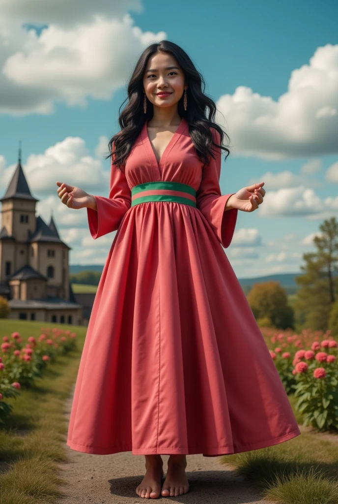 masterpiece photo of a dark-haired full-length sorceress with green eyes dressed in a magical watermelon robe actively says something while gesticulating, a cheerful facial expression, blush, unusual pose, against the background of school of magic, a rich blue sky with clouds, a lot of vegetation, bright colors, intricate bizarre color combinations