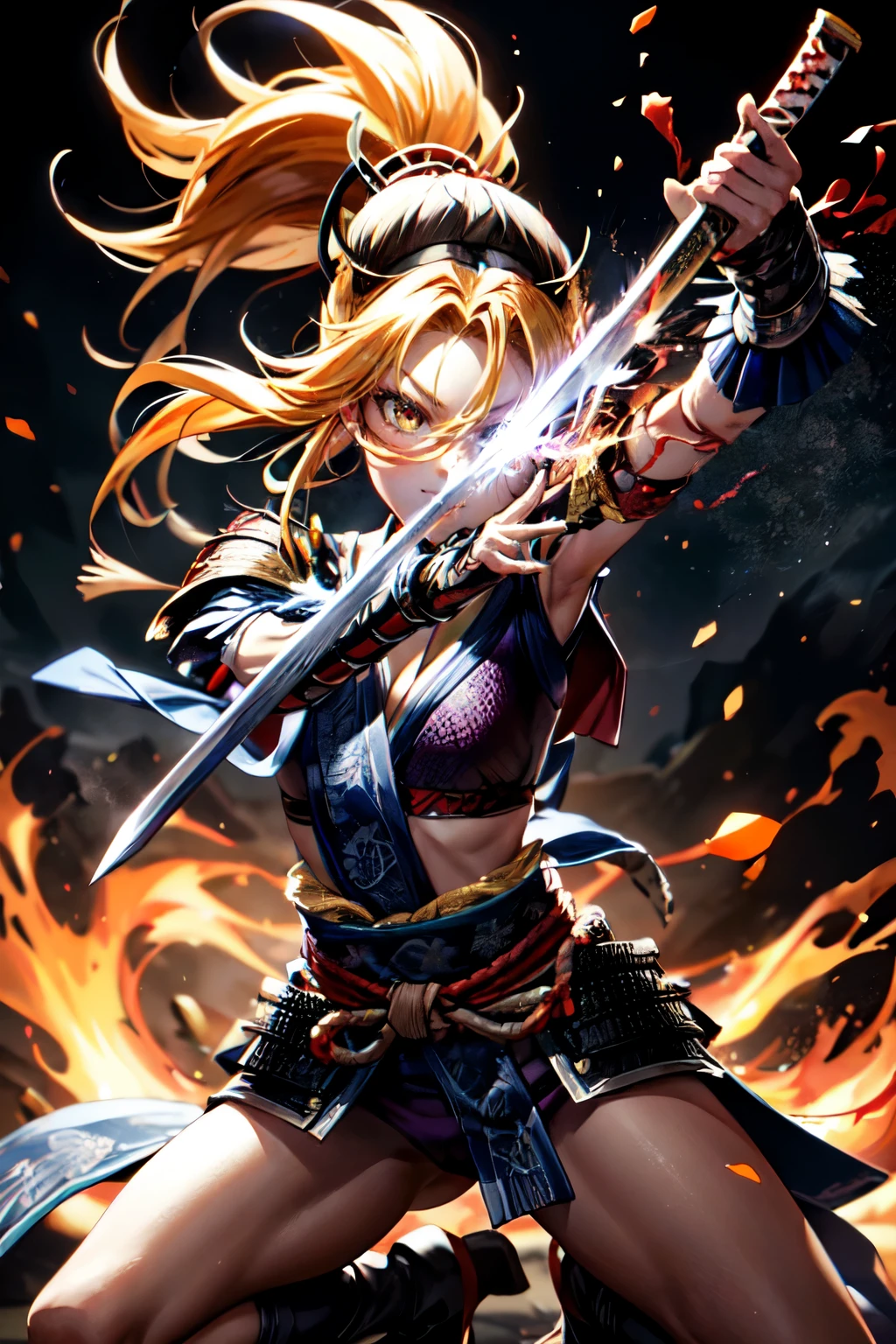 One Girl,anime,Anatomically correct, A series of character actions,,ponytail, masterpiece, Textured Skin, Action Painting, Heavy makeup, Brown Skin,Perfect Face,Perfect Eyes,Samurai,samurai,Sengoku Warlordsの鎧,Waist Armor,A blow with a sword,Small breasts,Thin thighs,Combat with enemies,Calm expression,Flame Attribute,Yellow Hair,Sengoku Warlords,Battle of Sekigahara,Glowing sword effect