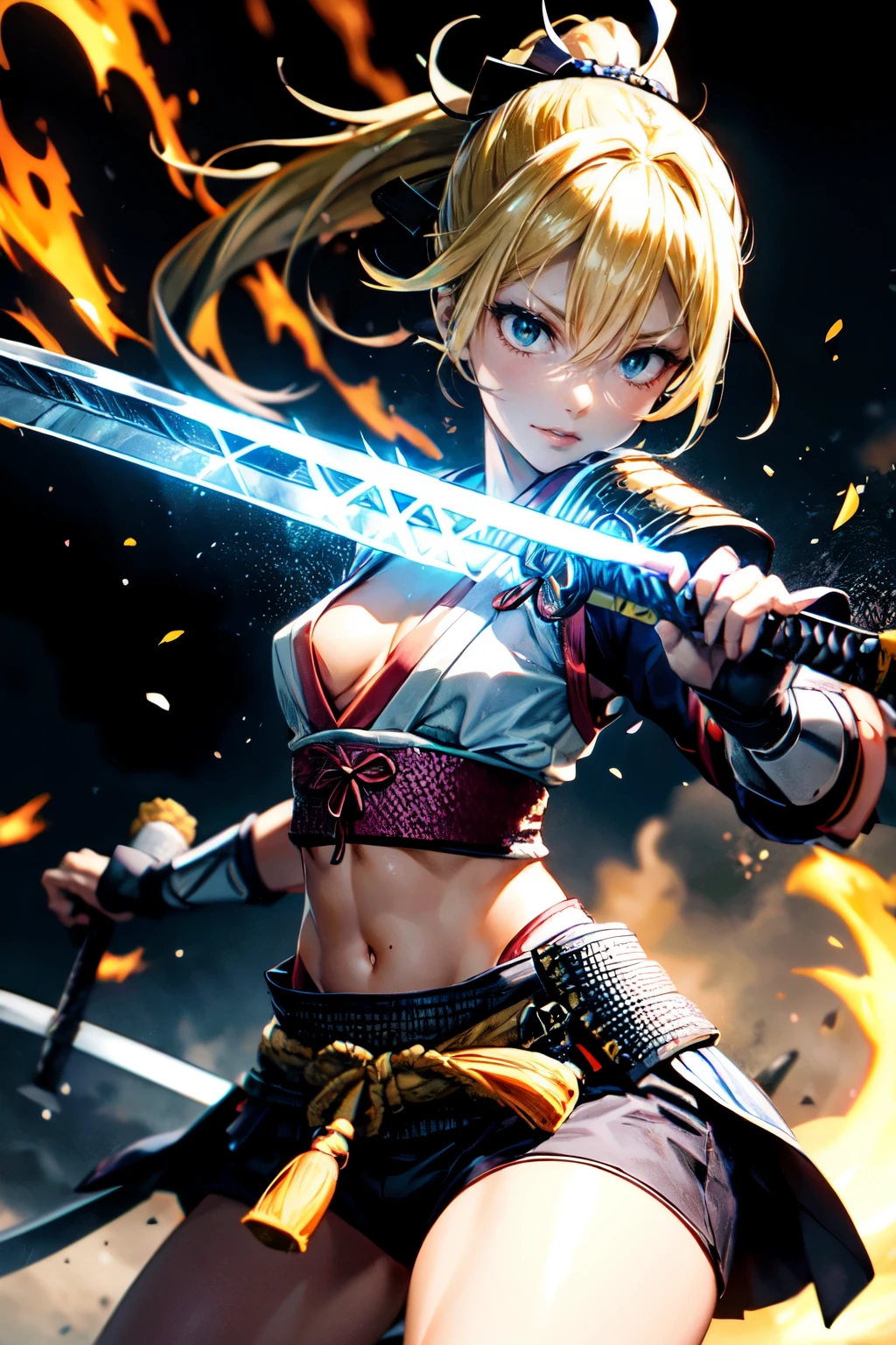 One Girl,anime,Anatomically correct, A series of character actions,,ponytail, masterpiece, Textured Skin, Action Painting, Heavy makeup, Brown Skin,Perfect Face,Perfect Eyes,Samurai,samurai,Sengoku Warlordsの鎧,Waist Armor,A blow with a sword,Small breasts,Thin thighs,Combat with enemies,Calm expression,Flame Attribute,Yellow Hair,Sengoku Warlords,Battle of Sekigahara,Glowing sword effect