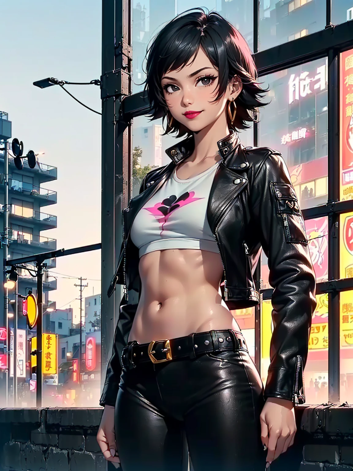 ((1girl, solo ,alone, ((soifon, sui-feng, short hair, balck hair, black eyes, small bust, soifon, beautiful)), gold bracelets, ruby earrings)), ((solo, 1woman, pink lipstick, Extremely detailed, ambient soft lighting, 4k, perfect eyes, a perfect face, perfect lighting, a 1girl)), austere, ((fitness,, shapely body, athletic body, toned body)), (( rocker woman, punk woman, black jacket, leather jacket, gray t-shirt, black pants, leather pants, belt, , city, park, square, trees, buildings, sunny day, smug smile, black gloves, leather glove, hands on waist ))