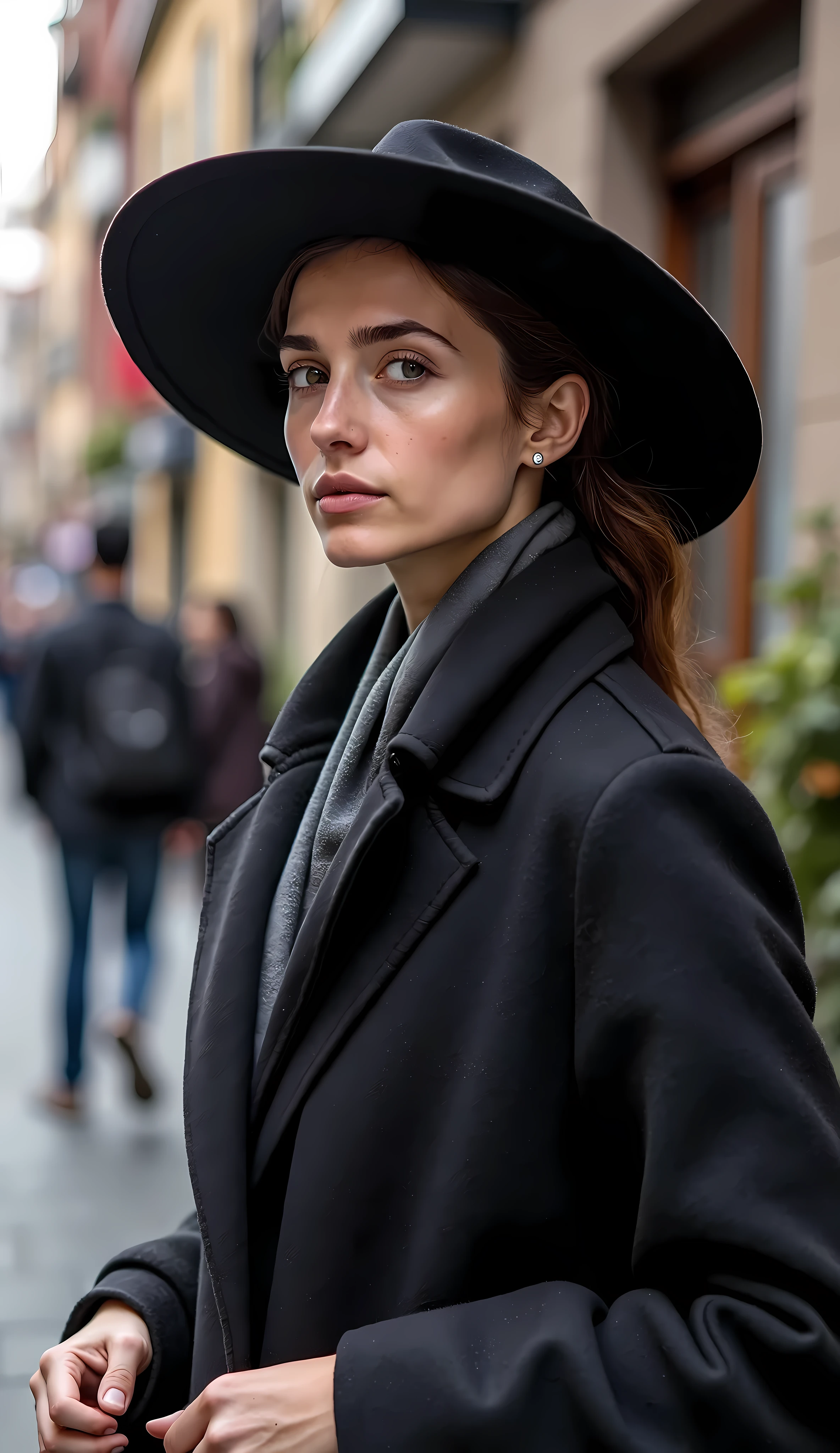 Woman in black coat and hat standing on a city street - SeaArt AI