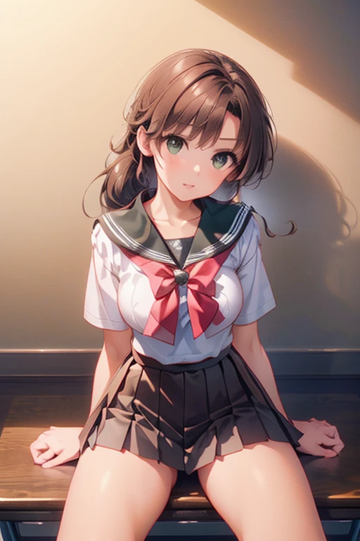 Not fit for work, high definition, High quality),(1 female, brown hair, medium length hairstyle, brown gradient eyes, Black eyeliner, thin lips, Laugh shyly ),( high school student uniform, pleated short skirt),( brazos cruzados, Sit down and spread your legs.) INFO
