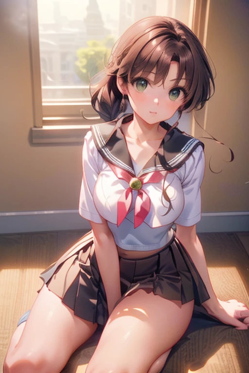 Not fit for work, high definition, High quality),(1 female, brown hair, medium length hairstyle, brown gradient eyes, Black eyeliner, thin lips, Laugh shyly ),( high school student uniform, pleated short skirt),( brazos cruzados, Sit down and spread your legs.), upskirt
