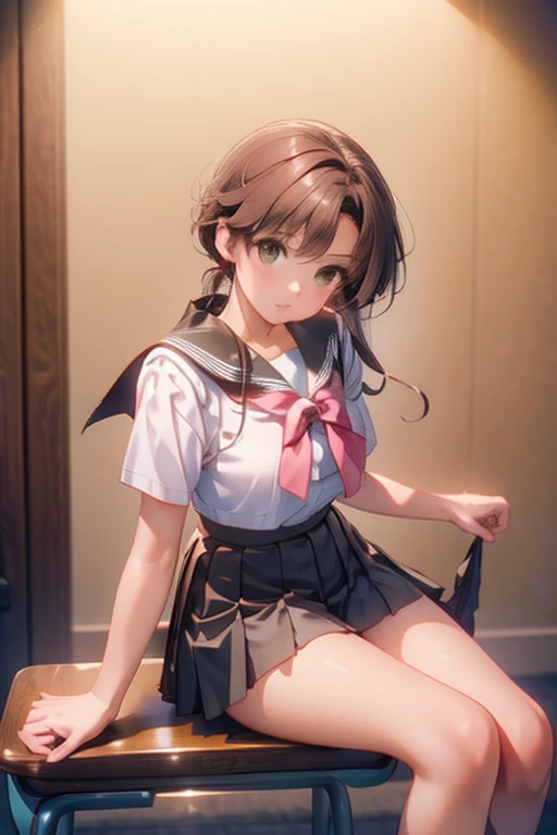 Not fit for work, high definition, High quality),(1 female, brown hair, medium length hairstyle, brown gradient eyes, Black eyeliner, thin lips, Laugh shyly ),( high school student uniform, pleated short skirt),( brazos cruzados, Sit down and spread your legs.), upskirt
