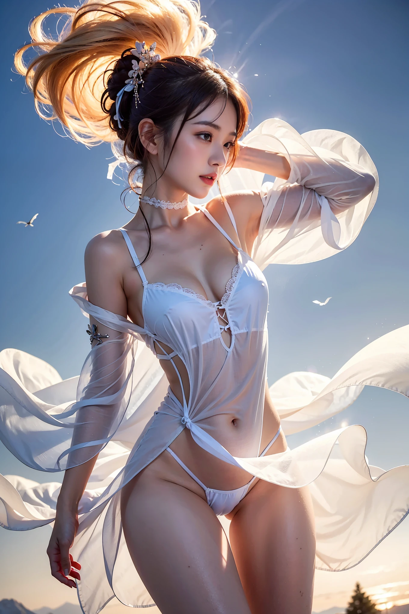 A close up of a woman in a white lingerie posing - SeaArt AI