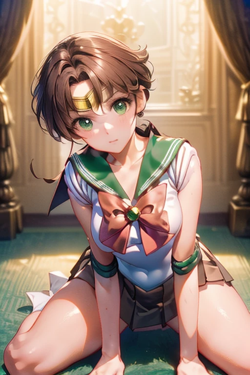 Not fit for work, high definition, High quality),(1 female, sailor jupiter,  brown hair, medium length hairstyle, brown gradient eyes, Black eyeliner, thin lips, upskirt, Laugh shyly ),( high school student uniform, pleated short skirt),( brazos cruzados, Sit down and spread your legs.)
