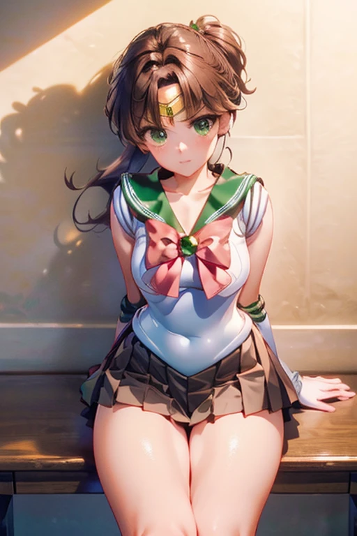 Not fit for work, high definition, High quality),(1 female, sailor jupiter,  brown hair, medium length hairstyle, brown gradient eyes, Black eyeliner, thin lips, upskirt, Laugh shyly ),( high school student uniform, pleated short skirt),( brazos cruzados, Sit down and spread your legs.)
