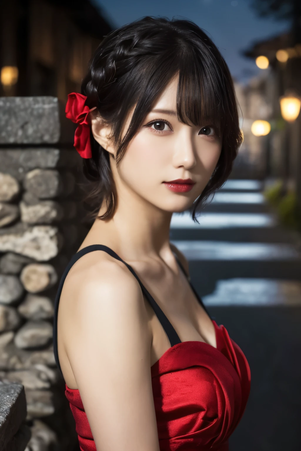 1 girl, (She is wearing a red dress:1.3), (Gothic Makeup), Portrait of an adorable Japanese symphonic metal singer, (RAW Photo Best Quality), (Realistic, Realistic:1.4), (masterpiece), 
But delicate and beautiful, Very detailed, 2k wallpaper, wonderful, finely, Very detailed CG Unity 8K wallpaper, Very detailed, High resolution, Soft light, 
Beautiful detailed girl, Very detailed目と顔, A beautiful and elegant nose, Beautiful Beautiful Eyes, Cinema Lighting, 
(彼女はnightのヨーロッパの中世の廃墟の町で用を足すためにしゃがむ:1.3), (Stone Building, Stone Path:1.4), (night:1.4), (Girl full body silhouette:1.2), (Dark screen:1.5), (I am so lonely), 
(short hair), (Messy Hair), (Indigo Color Scheme),
Perfect Anatomy, Slender body, Small breasts