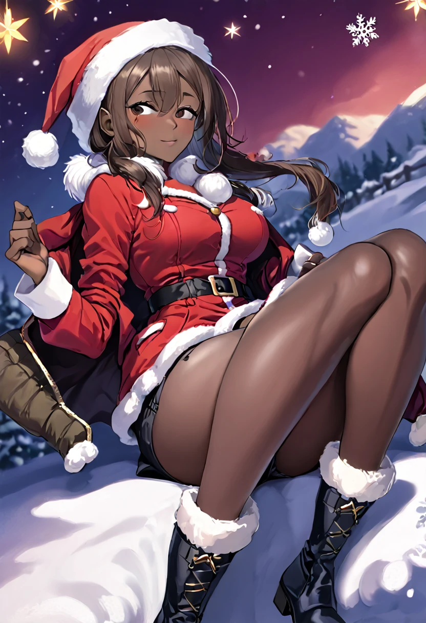 1girl, brown hair, very dark skin, round breasts Santa hat, Bright red jacket and trousers trimmed with soft, white fur, re thigh-highs, red knee-high boots, mistletoe brooch, wintery background, closed eyes, grinning