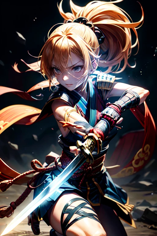 One Girl,anime,Anatomically correct, A series of character actions,,ponytail, masterpiece, Textured Skin, Action Painting, Heavy makeup, Brown Skin,Perfect Face,Perfect Eyes,Samurai,samurai,Sengoku Warlordsの鎧,Waist Armor,A blow with a sword,Small breasts,Thin thighs,Combat with enemies,Calm expression,Flame Attribute,Yellow Hair,Sengoku Warlords,Battle of Sekigahara,Glowing sword effect