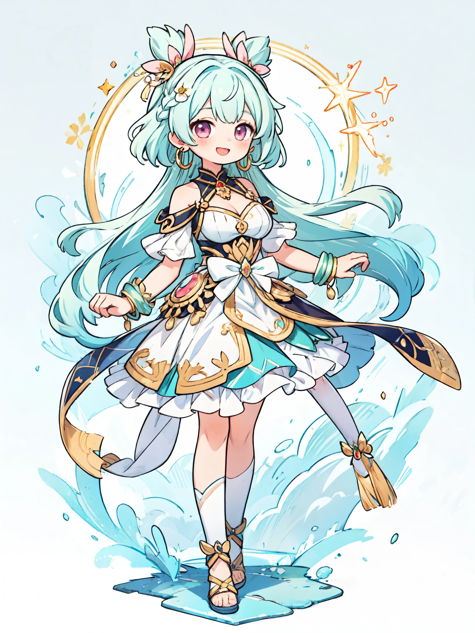 1 girl, full body, goddess of magic, beautiful dress, RPG outfit, long hair, looking at viewer, laughing, bangs, hair ornament, light blue and light green hair, half light blue hair, half light green hair, vertically divided hair color, very long hair, earrings, pink eyes, anatomically correct, super detailed, head, large breasts, hoop earrings, cheerful/happy, slight smile, simple background, jewelry, anime, anime style, multicolor hair, hair with highlights, side braid
