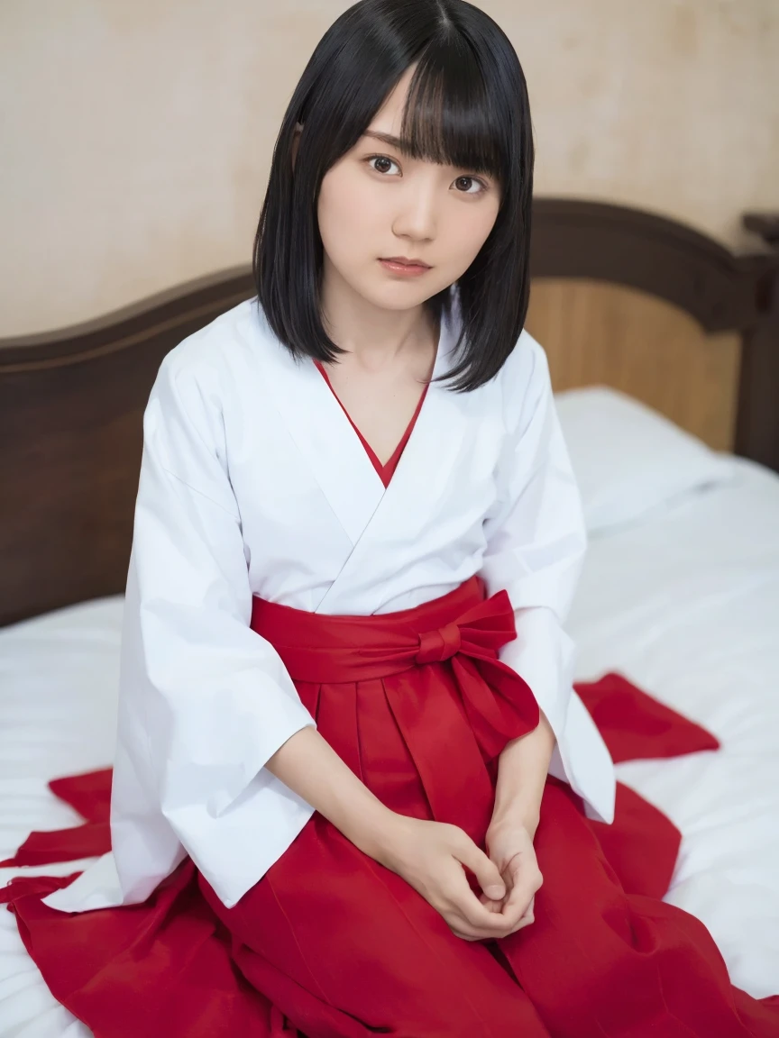 (masterpiece, Best Quality, Best Quality, Official Art, beautiful、beautiful:1.2), ,(RAW 写真Best Quality:1.1),(One Girl),(miko:1.5),(Red Hakama:1.1),((8ars old):1.6), White kimono,Red long skirt, black hair ,hair ornament, hairclip):1.2,(Fractal Art:1.1),Absurd, High resolution, Very detailed, Ultra-precise expression, Alone,flat chest, Floating Hair, (Black Hair:1.4),Glowing Skin,(Asymmetrical Very Short Hair:1.2), (overview:1.1),Perfect body,Slim body,View your viewers,(Dark bedroom:1.1),Hotel at night,