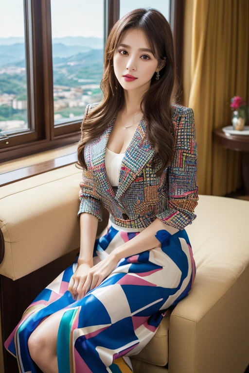 ((Full Body Portrait))、Geometric print blazer jacket、Colorful、Silk blouse、(Geometric midi skirt:1.3)、(Silk Pantyhose)、High heels、1 girl、Super delicate face、Ultra-detailed eyes and face、double eyelid、Glossy Red Lips、(Two well-balanced legs)、(Perfect body、Perfect hands)、((Perfect Anatomy, Anatomically correct))、Large Breasts、(She is sitting in a luxury hotel suite in San Marino.、From the large windows you can enjoy the beautiful view of the blue sea and San Marino.)、Highly detailed scenery、Professional Lighting、((Best Quality、Ultra-high resolution、masterpiece))、(Ultra-realistic、RAW Photos)