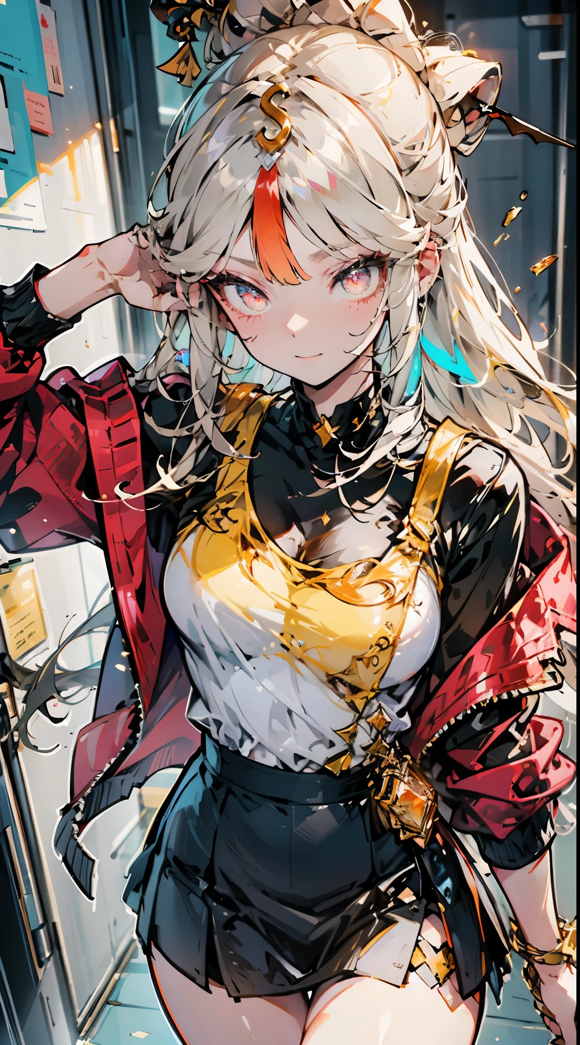 ((1 anime girl, amazing, cute girl)), (Masterpiece, Best quality, Beautiful and aesthetic:1.2),((Ultra-high resolution, Golden ratio)), (Physically-based rendering), city background, Sharp focus, (((high detail skin))), Intricately detailed clothing, Delicate pupils, Danfeng Eye,((((multicolor hair, detailed hair, long hair)))), Slender, (masterpiece side lighting), (Dynamic configuration: 1.2), dynamic pose, Perfect Anatomy, Eyeliner, nsfw, sharp eyes, choker, light smile, hair adornments, fit thighs, thigh gap, stylish, mature, r, medium breast, mini skirt, mini short, chest hardness, her jacket color dark gray with a pink zipper, pink eyes, hand behand head, her jacket is loose. she is wearing earing, transparent, Sex bikini, Lace, Fishnet stockings, Star decoration,