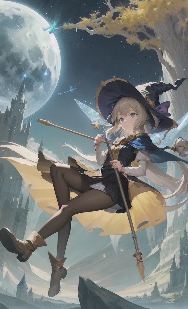 masterpiece, best quality, ultra-detailed, illustration, 1girl, solo, fantasy, flying, broom, night sky, outdoors, magic, spells, moon, stars, clouds, wind, hair, cape, hat, boots, broomstick, glowing, mysterious, enchanting, whimsical, playful, adventurous, freedom, wonder, imagination, determination, skill, speed, movement, energy, realism, naturalistic, figurative, representational, beauty, fantasy culture, mythology, fairy tales, folklore, legends, witches, wizards, magical creatures, fantasy worlds, composition, scale, foreground, middle ground, background, perspective, light, color, texture, detail, beauty, wonder