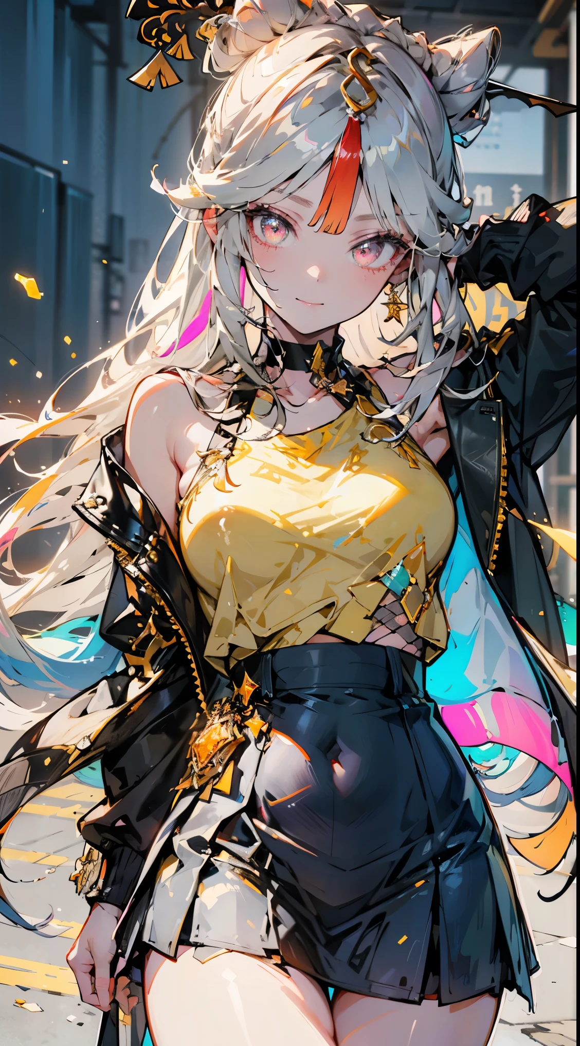 ((1 anime girl, amazing, cute girl)), (Masterpiece, Best quality, Beautiful and aesthetic:1.2),((Ultra-high resolution, Golden ratio)), (Physically-based rendering), city background, Sharp focus, (((high detail skin))), Intricately detailed clothing, Delicate pupils, Danfeng Eye,((((multicolor hair, detailed hair, long hair)))), Slender, (masterpiece side lighting), (Dynamic configuration: 1.2), dynamic pose, Perfect Anatomy, Eyeliner, nsfw, sharp eyes, choker, light smile, hair adornments, fit thighs, thigh gap, stylish, mature, r, medium breast, mini skirt, mini short, chest hardness, her jacket color dark gray with a pink zipper, pink eyes, hand behand head, her jacket is loose. she is wearing earing, transparent, Sex bikini, Lace, Fishnet stockings, Star decoration,