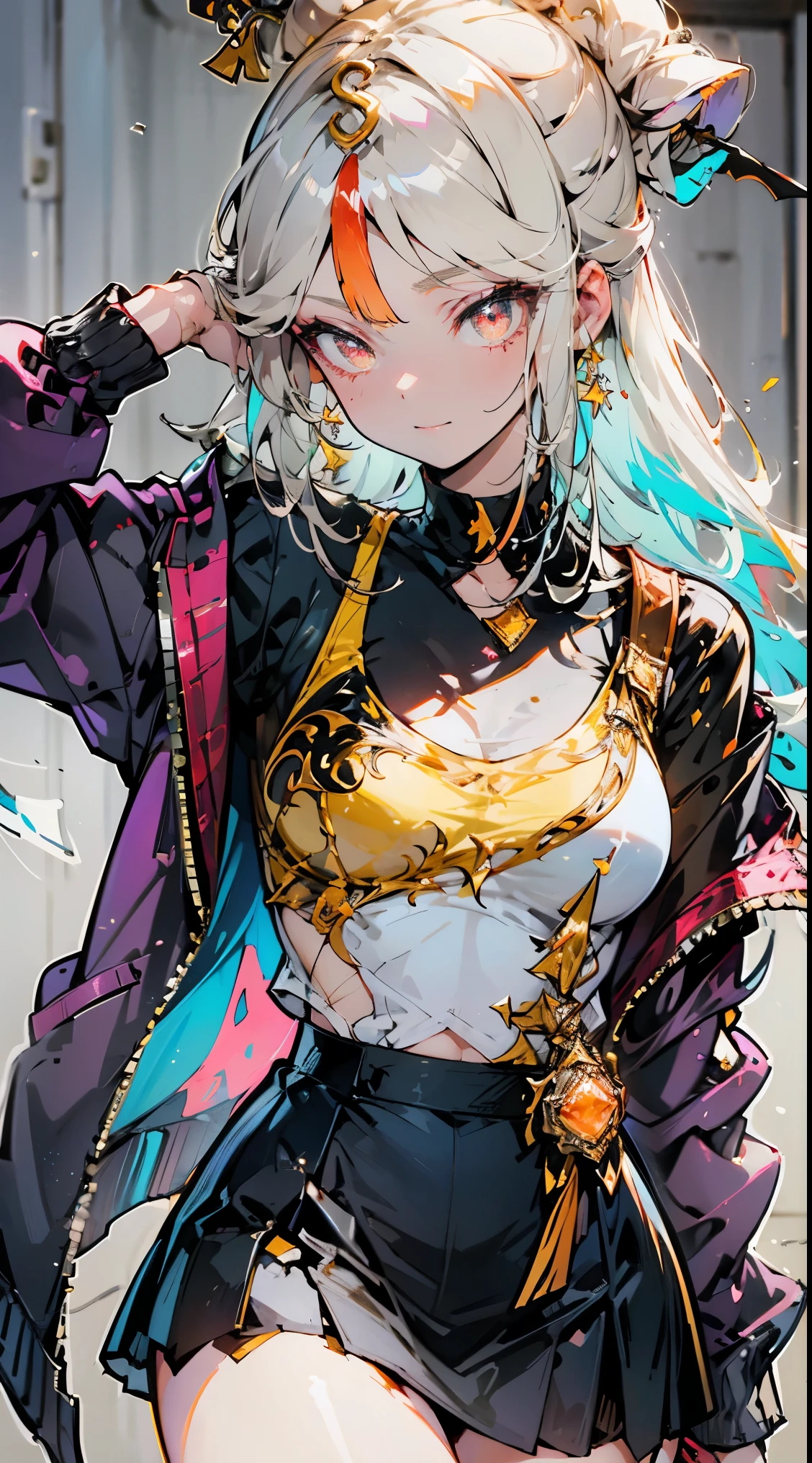 ((1 anime girl, amazing, cute girl)), (Masterpiece, Best quality, Beautiful and aesthetic:1.2),((Ultra-high resolution, Golden ratio)), (Physically-based rendering), city background, Sharp focus, (((high detail skin))), Intricately detailed clothing, Delicate pupils, Danfeng Eye,((((multicolor hair, detailed hair, long hair)))), Slender, (masterpiece side lighting), (Dynamic configuration: 1.2), dynamic pose, Perfect Anatomy, Eyeliner, nsfw, sharp eyes, choker, light smile, hair adornments, fit thighs, thigh gap, stylish, mature, r, medium breast, mini skirt, mini short, chest hardness, her jacket color dark gray with a pink zipper, pink eyes, hand behand head, her jacket is loose. she is wearing earing, transparent, Sex bikini, Lace, Fishnet stockings, Star decoration,