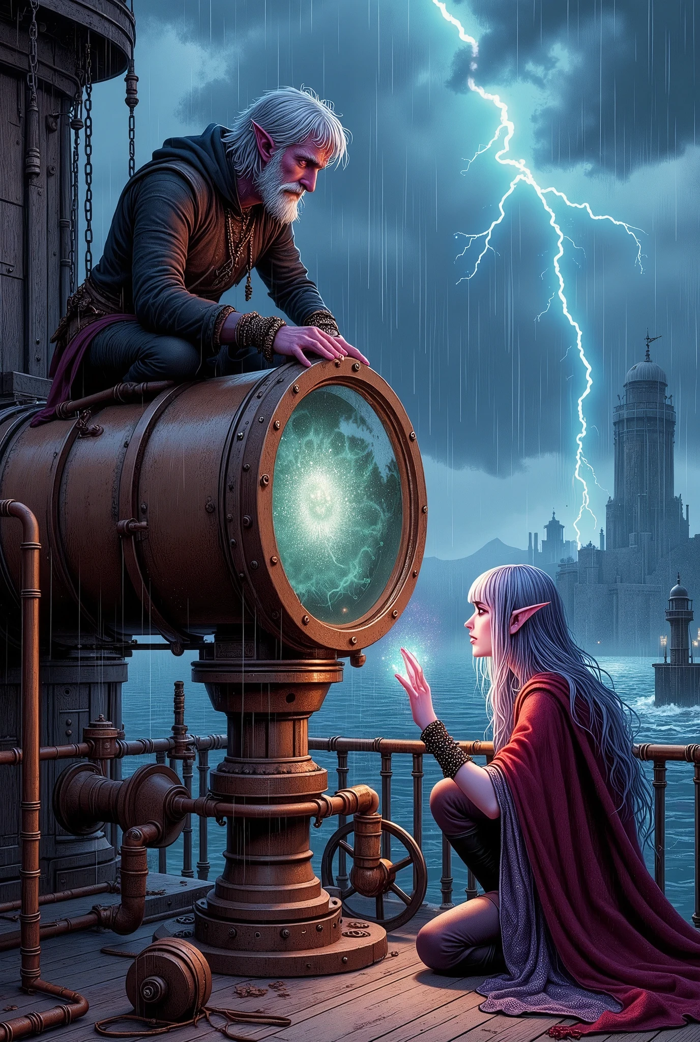 (Ultra-detailed face, Looking away, Fantasy Illustration with Gothic, Dark tone colors) BREAK (A young-aged dark elf woman and an elderly human man are on a balcony on the top floor of a lighthouse. A machine with a large glass lens as tall as a man can be seen.), BREAK (The human male has gray hair that is all back and soaked from the rain. He has dark, intelligent eyes and a frown on his face. He is climbing on top of a machine with a large glass lens, trying to remove parts. His black raincoat flutters in the strong wind and is drenched with water.), BREAK (The other is a middle-aged woman, a dark elf, with silver, blunt bangs and very long, messy hair, wet from the rain. Her lavender eyes look up at the old man at the top of the machine. She is balancing on one knee and holding a large blue-white crystal that emits a strong light. She wears a lacy crimson cape dress with a large red ribbon tie. She wears sandals with thin red laces woven into them.), BREAK (In the distance, a large thunderbolt strikes the surface of the sea, illuminating the thick rain clouds in the sky with a bluish-white light. A strong sideways wind is blowing and rain is falling like a waterfall. The interior of the lighthouse is an old and sturdy structure built of stone in the medieval Scandinavian style. The walls and ceiling are filled with copper pipes, valves, chains, gears, and other io-machinery.)