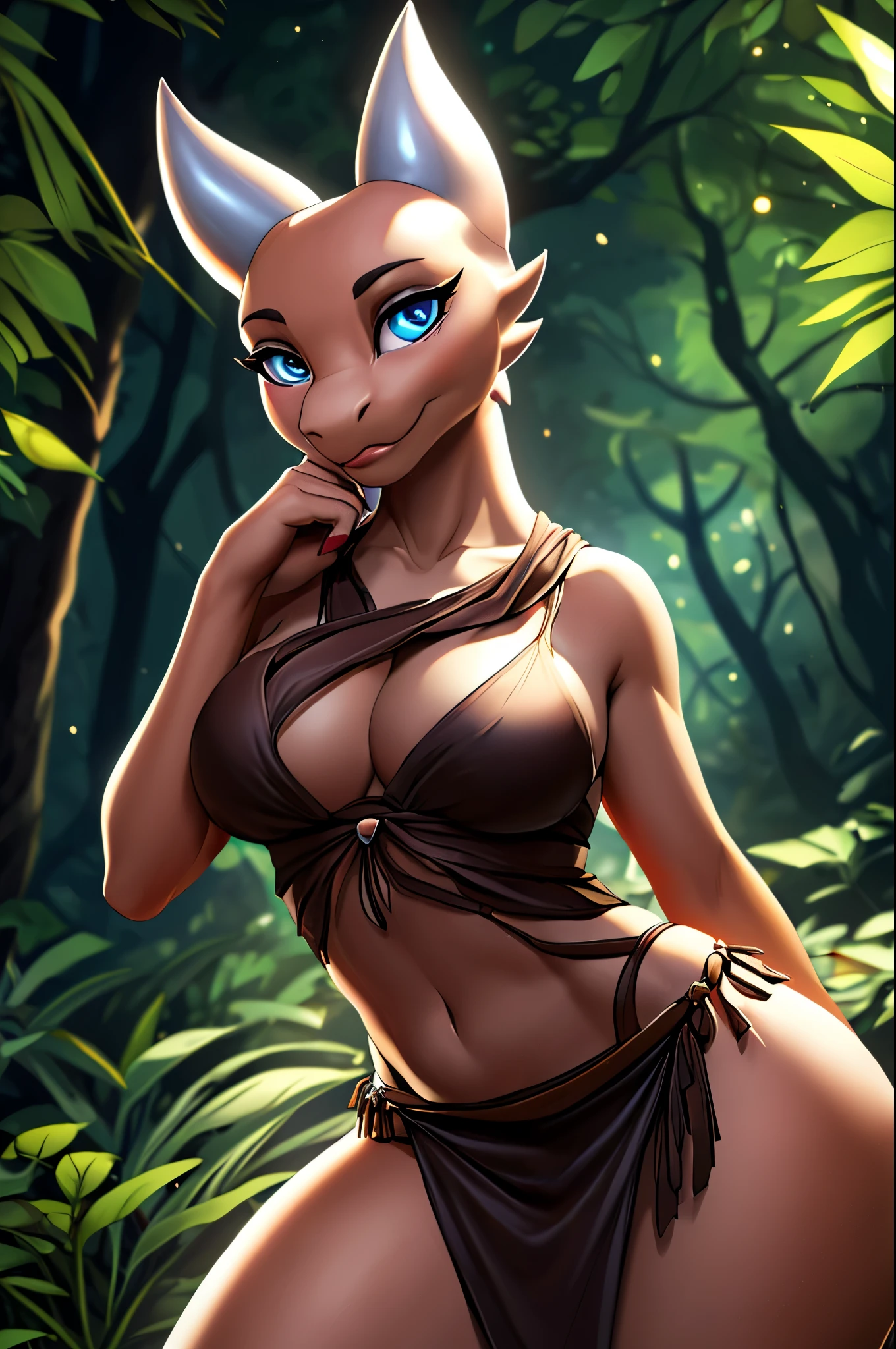 ((ultra quality)), ((tmasterpiece)), female kobold, furry reptile, (cuteface), Charming, ((sexy facial expression)), looks at the camera with interest, eyes are slightly closed, ((Skin color: white)), Body glare, ((detailed beautiful female eyes)), ((light blue eyes)), (juicy female lips), (beautiful female hands), ((perfect female figure)), perfect female body, Beautiful waist, black claws, gorgeous big thighs, beautiful breasts, ((Subtle and beautiful)), seductively worth it (closeup face), (wearing a dark brown loincloth, dark brown top), background: dense green forest, night time, ((Depth of field)), ((high quality clear image)), (crisp details), ((higly detailed)), Realistic, Professional Photo Session, ((Clear Focus))