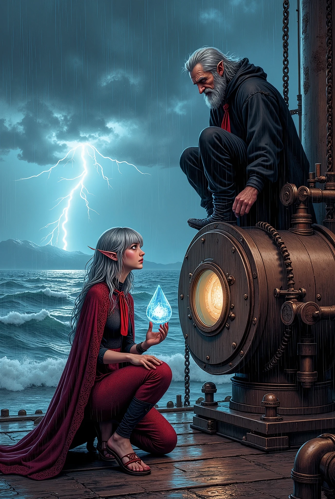 (Ultra-detailed face, Looking away, Fantasy Illustration with Gothic, Dark tone colors) BREAK (A young-aged dark elf woman and an elderly human man are on a balcony on the top floor of a lighthouse. A machine with a (((large glass lens))) as tall as a man can be seen.), BREAK (The human male has gray hair that is all back and soaked from the rain. He has dark, intelligent eyes and a frown on his face. He is climbing on top of a machine with a large glass lens, trying to remove parts. His black raincoat flutters in the strong wind and is drenched with water.), BREAK (The other is a middle-aged woman, a dark elf, with silver, blunt bangs and very long, messy hair, wet from the rain. Her lavender eyes look up at the old man at the top of the machine. She is balancing on one knee and holding a large blue-white crystal that emits a strong light. She wears a lacy crimson cape dress with a large red ribbon tie. She wears sandals with thin red laces woven into them.), BREAK (In the distance, a large thunderbolt strikes the surface of the sea, illuminating the thick rain clouds in the sky with a bluish-white light. A strong sideways wind is blowing and rain is falling like a waterfall. The interior of the lighthouse is an old and sturdy structure built of stone in the medieval Scandinavian style. The walls and ceiling are filled with copper pipes, valves, chains, gears, and other io-machinery.)