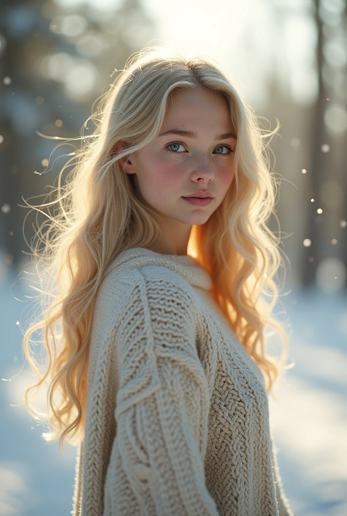 Julia Adamenko 1, beautiful girl wearing a thin athletic sweater, glamourous hair, depth of field, bokeh, morning in the snow, (masterpiece) (best quality) (detailed) (8k) (wallpaper) (cinematic lighting) (sharp focus) (intricate), dynamic lighting, vivid