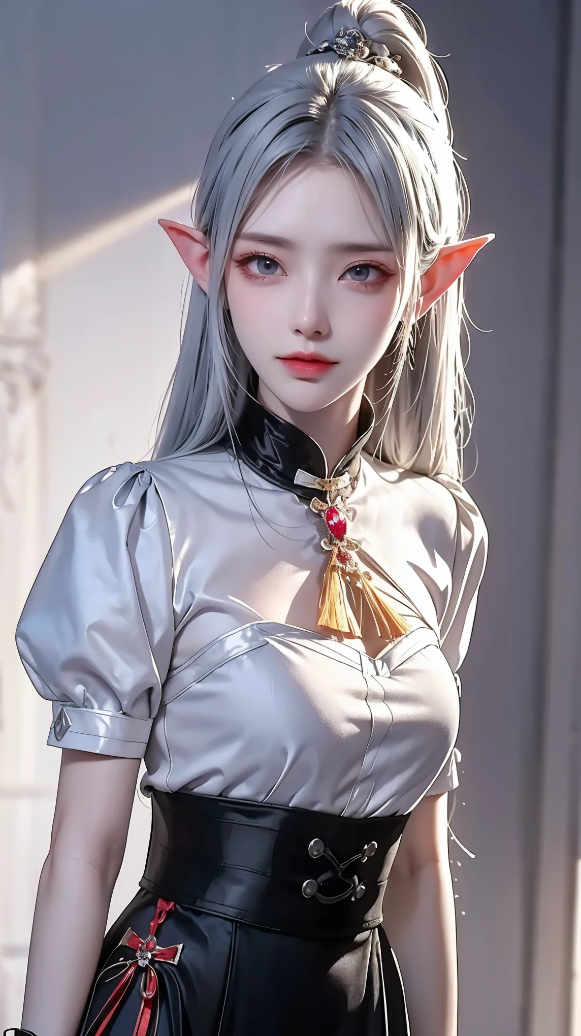 Scary and beautiful vampire, Fangs, Long white hair, Beautiful lips, Red Eye, Elf ears,She has white hair，Double ponytail hairstyle，Shoulder length。Her eyes are like rubies，She is wearing a white T-shirt，Blue pleated skirt，Wearing white stockings。 Balenciaga style, Royal Background，Dream, ethereal, Clarify the focus，Soft lighting, (Best quality,4K,8K,high resolution,masterpiece:1.2)（d（（ Black pajamas, Tight shorts））, , Large Target, Bright eyes, Smooth skin, Maximize pixel camera angle，