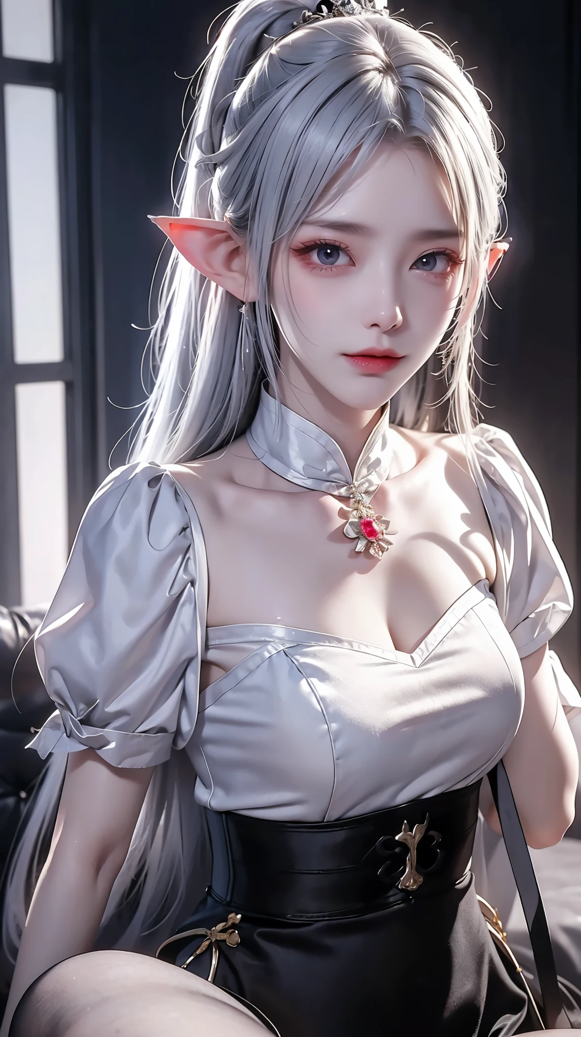 Scary and beautiful vampire, Fangs, Long white hair, Beautiful lips, Red Eye, Elf ears,She has white hair，Double ponytail hairstyle，Shoulder length。Her eyes are like rubies，She is wearing a white T-shirt，Blue pleated skirt，Wearing white stockings。 Balenciaga style, Royal Background，Dream, ethereal, Clarify the focus，Soft lighting, (Best quality,4K,8K,high resolution,masterpiece:1.2)（d（（ Black pajamas, Tight shorts））, , Large Target, Bright eyes, Smooth skin, Maximize pixel camera angle，