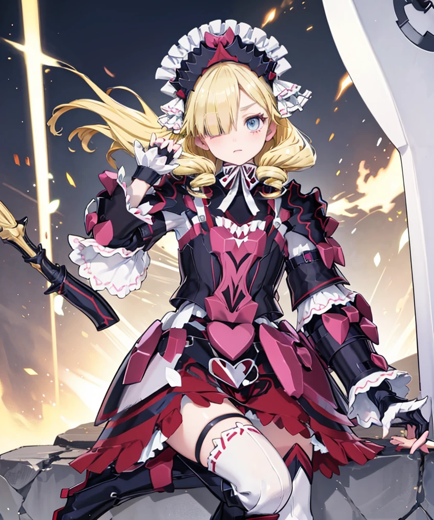 marni, holding axe weapon, gray curve axe, holding shield, purple shield, hat bow, hat, armor, dress, white skirt, hair over one eye, black footwear, frills, gauntlets, long sleeves, armored boots, armored dress, gloves, thighhighs Blonde Hair, Hair Over One Eye, Curly Hair, 1girl High Resolution, HD, High Quality, Best Quality, Anatomically Correct, 