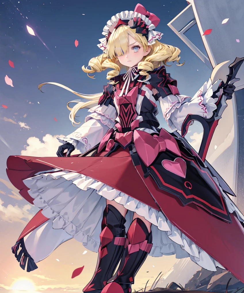 marni, holding axe weapon, gray curve axe, holding shield, purple shield, hat bow, hat, armor, dress, white skirt, hair over one eye, black footwear, frills, gauntlets, long sleeves, armored boots, armored dress, gloves, thighhighs Blonde Hair, Hair Over One Eye, Curly Hair, 1girl High Resolution, HD, High Quality, Best Quality, Anatomically Correct, 